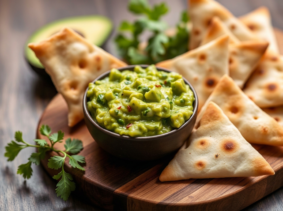 Guacamole saludable con pan árabe crujiente
