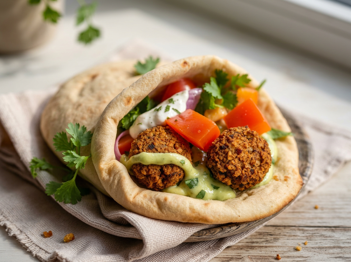 Pita de falafel con crema de aguacate